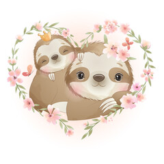Cute sloth parent child with floral wreath watercolor illustration