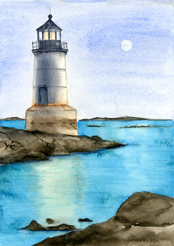 Watercolor illustration of a white lighthouse on a rocky hill against a vivid blue sea and blue sky at twilight