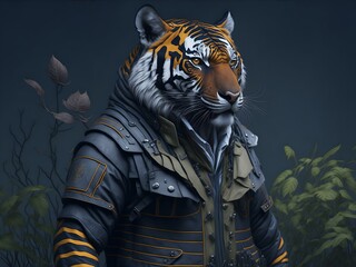 Fototapeta na wymiar tiger with soldier dress, shirt, coat, Ai generative, isolate, nature, empty