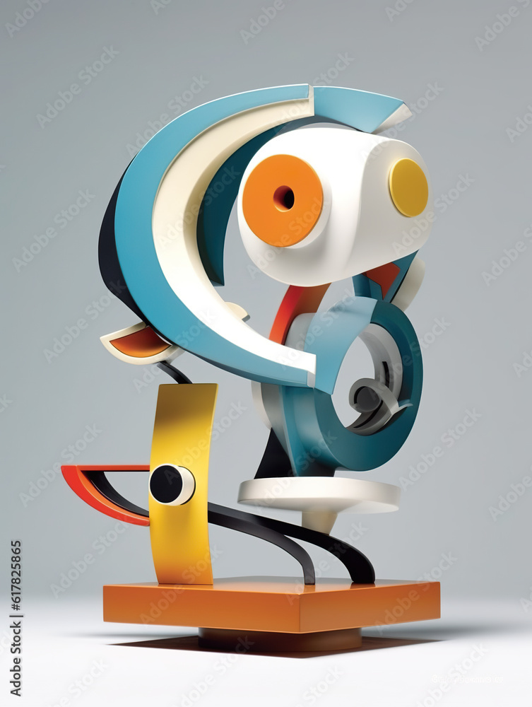 Poster a colorful sculpture of a robot on a stand. generative ai.