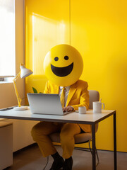 A office worker like a smile emoji, working on a laptop in yellow office. A mental health concept.