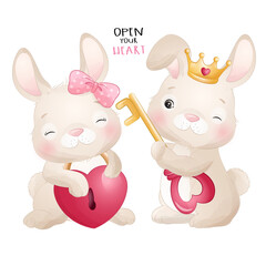 Cute rabbits couple happy valentine sweet love watercolor illustration
