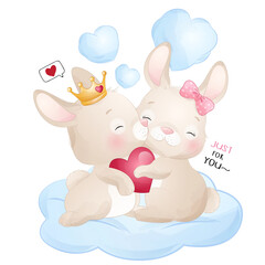 Fototapeta na wymiar Cute rabbits couple happy valentine sweet love watercolor illustration