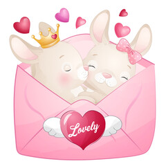 Cute rabbits couple happy valentine sweet love watercolor illustration
