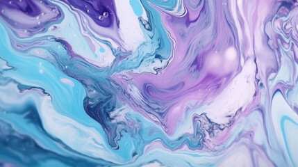 Painted background with mixed liquid blue and purple paints. Liquid marble pattern. Generative AI