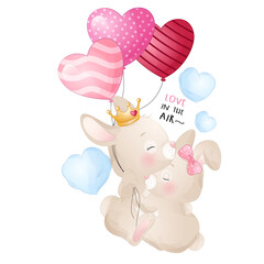 Cute rabbits couple happy valentine sweet love watercolor illustration