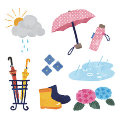 手描き風のごきげんな雨上がりイラスト　折畳み傘・線なし