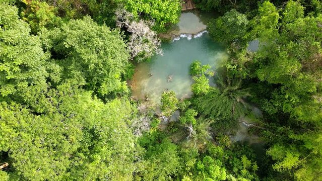 Aerial drone shots of the Kuang Si Waterfalls in Luan Prabang, Laos
