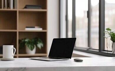 Fototapeta premium Modern Office Workspace with Laptop on Table for Business. Copy Space Available