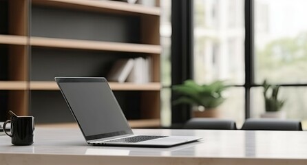 Modern Office Workspace with Laptop on Table for Business. Copy Space Available