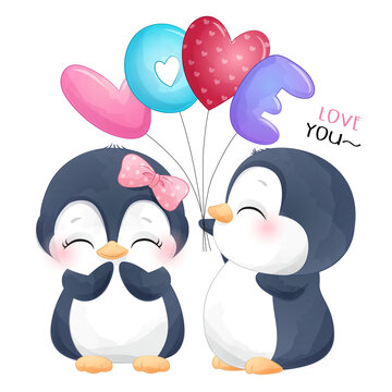 Cute penguin couple happy valentine sweet love watercolor illustration