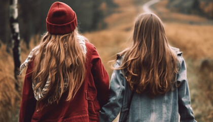 Fototapeta premium Two young women walking in the forest, enjoying autumn beauty generated by AI