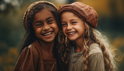 Fototapeta premium Cute girls bond in nature, smiling with toothy joy outdoors generated by AI