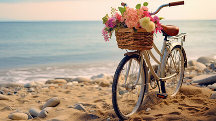 a vintage bicycle leaning against sea at beach in morning, Wicker basket with artificial flowers on the bike, Generative AI