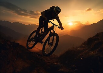 Obraz na płótnie Canvas mountain biker sunset trail high speed sports graphics standing confidently carved sales mountains surrounding centered action sequence wearing helmet rocky roads