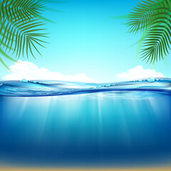 Fototapeta na wymiar Underwater with waves on the sea and palm trees on the coast. Vector illustration