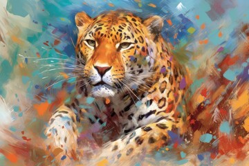 Fototapeta premium Leopard form and spirit through an abstract lens. dynamic and expressive Leopard print by using bold brushstrokes, splatters, and drips of paint. Leopard raw power and untamed energy