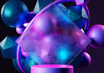 Abstract blue, pink, glass, purple geometric shapes on black background.