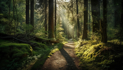 Walking through the tranquil forest, surrounded by green beauty generated by AI