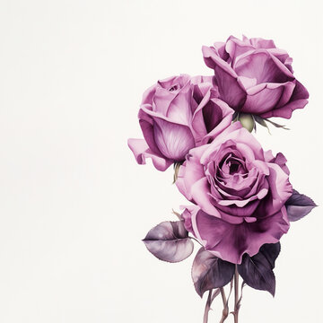 A painting of purple roses on a white background. Generative AI.