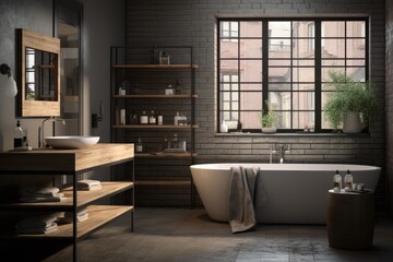 Fototapeta na wymiar Industrial style / loft bathroom - architectural concept created using generative Ai tools