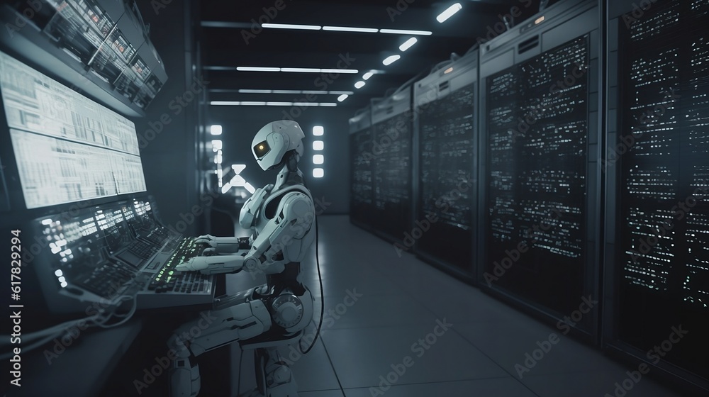 Aufkleber a white humanoid robot sitting at a computer in a server room. there are many server racks behind th