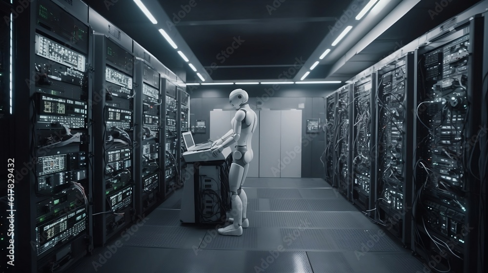 Aufkleber a white humanoid robot standing in a server room with rows of servers on either side.