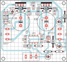 Fototapeta premium Vector printed circuit board of an electronic device with components of radio elements, conductors and contact pads placed on it. Engineering drawing with grid.