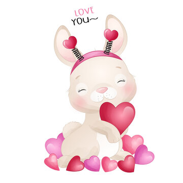 Cute rabbit with love valentine sweet love watercolor illustration
