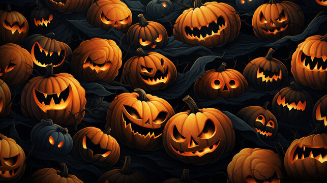Generative ai creepy halloween pumpkins seamless pattern background