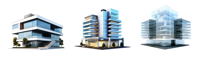 Fotobehang Futuristic city mall. Architectural high rise shopping center or office building, big building on transparent background. 3d rendering Public building. © losmostachos
