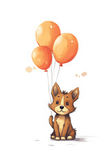 Fototapeta na wymiar A dog holding a bunch of orange balloons. Generative AI.