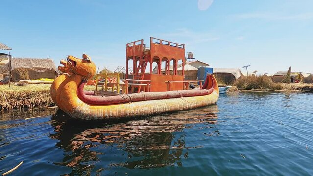 4k video Uros floating islands on Titicaca lake in Puno, Peru, South America.
