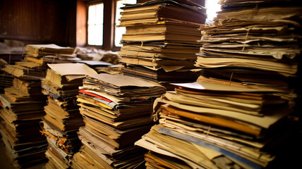Obraz premium A large stack of old archival documents. Generative AI