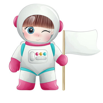 Cute astronaut in the galaxy with flag watercolor illustration
