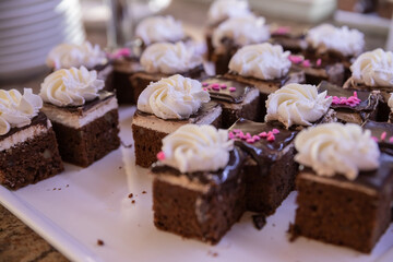 Assorted cakes, pastries ans small sweet desserts with strawberry in a restaurant buffet close up.Catering banquet table with appetizers, colored sweet cakes with chocolate and cream.