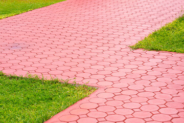 Geometric background zigzag pattern of red octagonal stone brick blocks Pavement floor with grass...