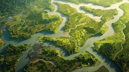 Stof per meter Aerial view of a river delta with lush green vegetation and winding waterways. Generative AI © Aghavni