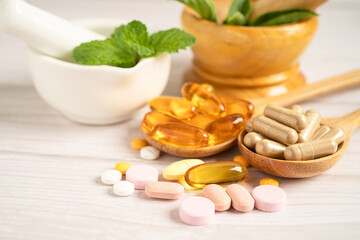 Alternative medicine herbal organic capsule with vitamin E omega 3 fish oil, mineral, drug with herbs leaf natural supplements for healthy good life.