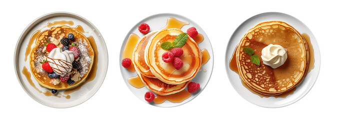 Fresh golden pancakes with cream and chocolate, fruit isolated on transparent background - obrazy, fototapety, plakaty