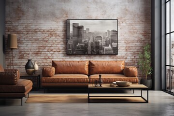 Industrial style living room with a big couch in the center - concept created using generative Ai tools