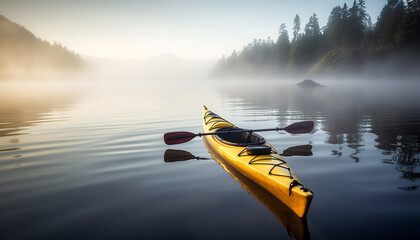Paddling through tranquil waters, surrounded by nature beauty in silence generated by AI