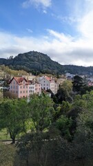 Fototapeta na wymiar Highlands, houses, pedestrian street, blue sky, large park in the tourist spot of Sintra in Portugal