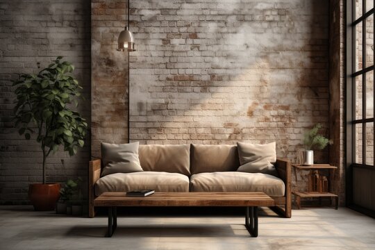 Industrial style living room with a big couch in the center - concept created using generative Ai tools