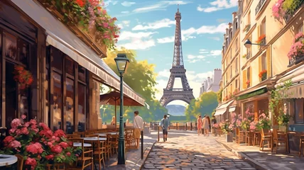 Gardinen beautiful paint by number of cafe in Paris with the Eiffel tower. Generative AI © Aghavni