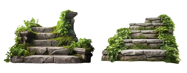 stairs made of large stone steps. Staircase lined with green plants for landscaping or garden design. Rock steps isolated on transparent background.