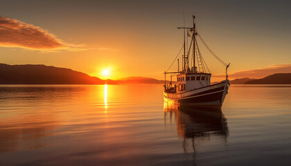 Tranquil sunset on nautical vessel, nature beauty reflected in water generated by AI