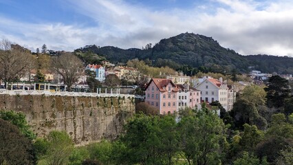 Highlands, houses, pedestrian street, blue sky, large park in the tourist spot of Sintra in Portugal