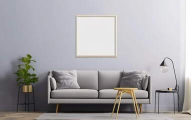 Living room with mockup frame on the gray wall, decorated with gray sofa and green plant in a vase on the floor, minimalist design scene