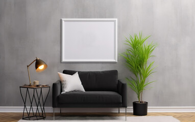 Living room with mockup frame on the gray wall, decorated with black sofa, green plant in a vase and Table lamp on the coffee table. Minimalist design scene